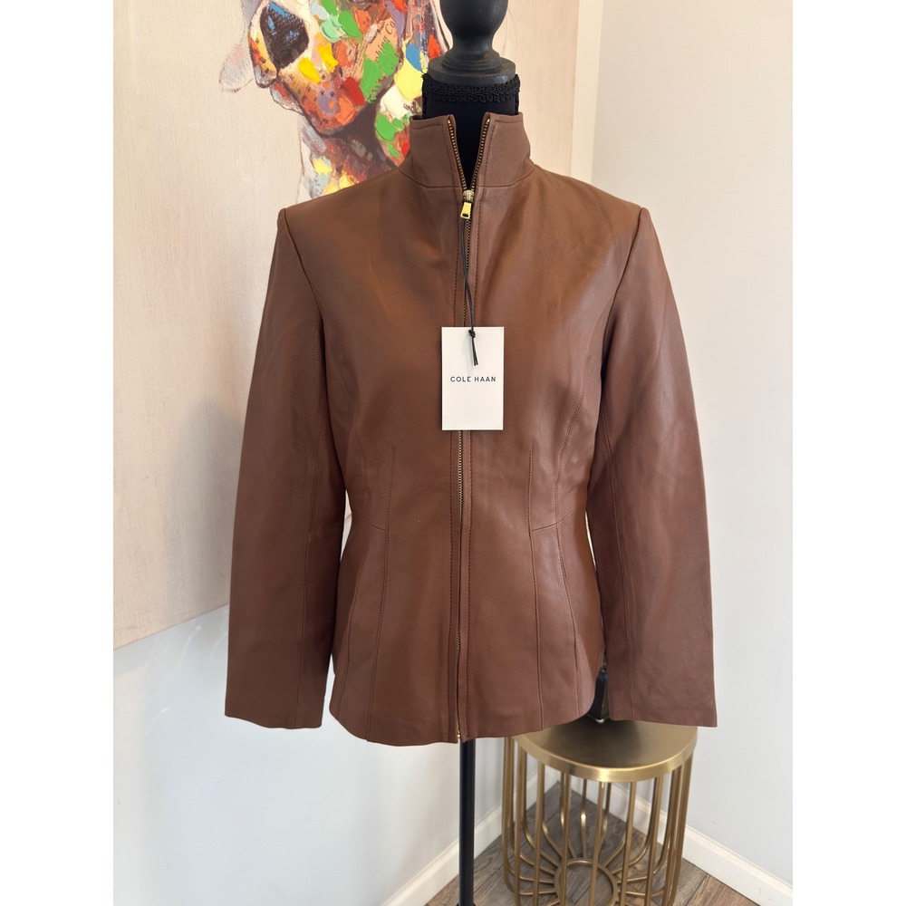 Cole Haan Womens Cognac Brown Genuine Leather Zip Up Jacket, Size S NWT